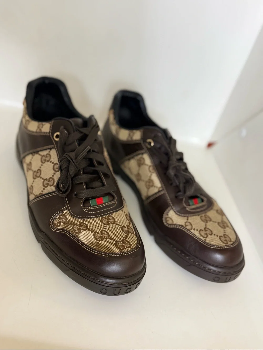 Gucci Brown GG Canvas & Dark Brown Leather Sneakers with Green-Red Web Size 8
